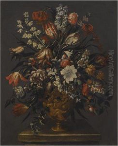 Two Still Lifes With Poppies, Lillies, Bluebells And Otherflowers