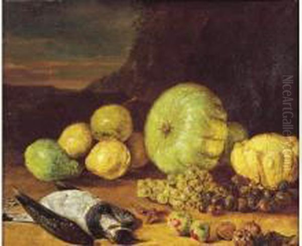 Nature Morte De Fruits Et Vanneau Huppe Dans Un Paysage - view 1