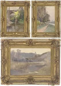 River Landscape At Dusk; A Riverside Path; And Before The Bridge by Lucien Peri