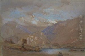 Mountains And Lake With Field Artillery Gun To Fore Ground