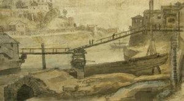 Figures On A Bridge In Rural Riverscene - view 1
