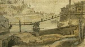 Figures On A Bridge In Rural Riverscene