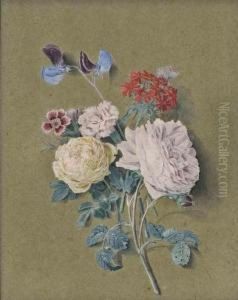 A Spray Of White And Pink Roses, Sweet William, Sweet Pea Andlychnis Chalcedonica