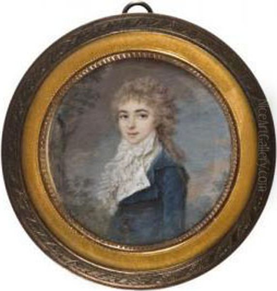 Jeune Femme En Redingote Bleue Et Gilet Brode, A Mi-corps Detrois-quarts A Gauche Dans Un Paysage - view 1