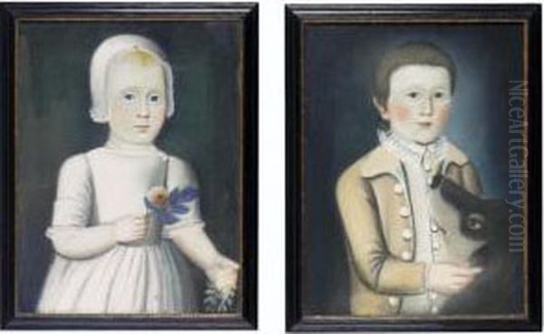 A Pair Of Portraits Of A Sister And Brother: Young Girl In Lace Cap With Rose, And Boy With A Large Brown And Gray Dog - view 1