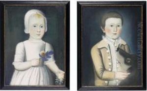 A Pair Of Portraits Of A Sister And Brother: Young Girl In Lace Cap With Rose, And Boy With A Large Brown And Gray Dog by Sarah Perkins, The Beardsley Limner