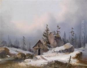 Winterlandschaft Mit Steinhaus Und Bach by Marcus Pernhart