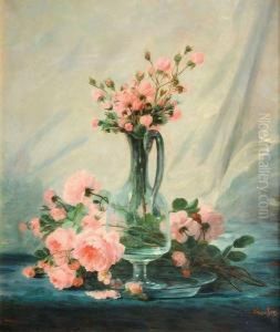 Roses Dans Un Pichet En Verre by Andre Perrachon