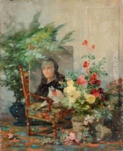 Nature Morte Aux Fleurs Et Au Portrait by Andre Perrachon