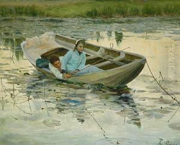 Pareja Pescando En Barca.
 Oleo Sobre Carton. 28 X 23 Cms - view 1