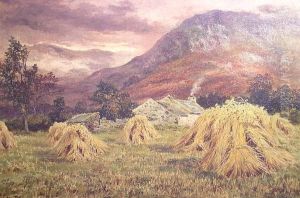 "oats, Carnarvonshire" - An Extensive Landscape With Stooks Before A Farm by Alfred Feyen Perrin