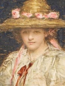 Girl In A Hat Decorated With A Band Of Pinkroses by Mary Perrin