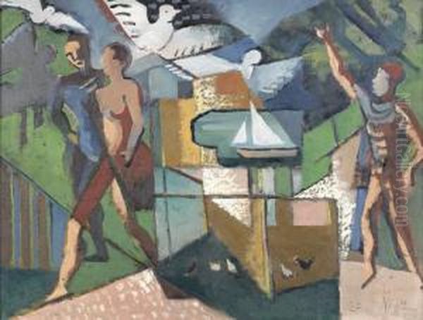 Abstrahierte Landschaft Mit Figuren Und Tauben. - view 1