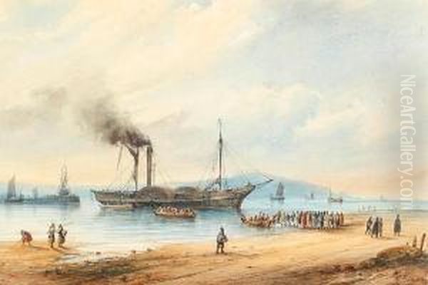 Shore Scene With Anchored Paddle Steamer And Figures - view 1