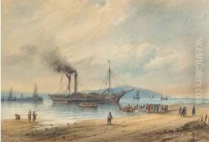Passengers Disembarking On The Foreshore From An Anchoredpaddlesteamer; And Running Into Port In A Heavy Swell