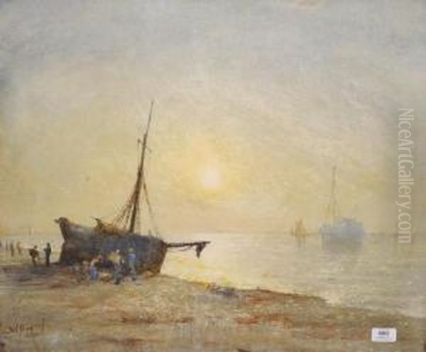 Beach Scene At Low Tide With Figures Unloading Fishing Boats - view 1