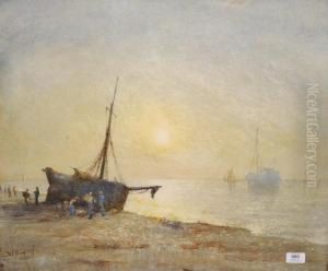 Beach Scene At Low Tide With Figures Unloading Fishing Boats Beach Scene At Low Tide With Figures Unloading Fishing Boats