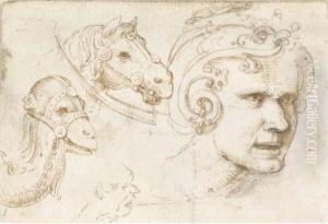 The Head Of A Man Wearing An Elaborate Helmet, Another Head Inprofile And The Heads Of A Camel And A Horse by Baldassare Peruzzi