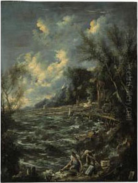 A Storm On A Mediterranean Coast With Fishermen In The Foreground - view 1