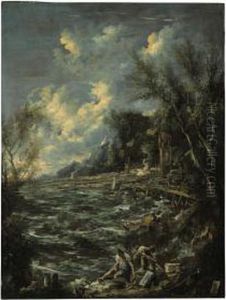 A Storm On A Mediterranean Coast With Fishermen In The Foreground by Antonio Francesco Peruzzini