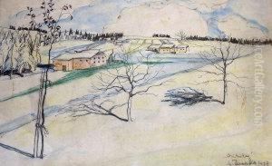 Winter Mountain Village Landscape by Anton Emanuel Peschka