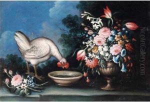 Still Life Of A Chicken Drinking From A Bowl, And A Bouquet Of Flowers In An Urn, Together In A Landscape
