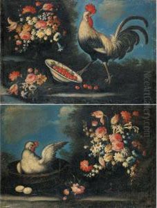 Un Gallo , Cigliegie E Fiori In Un Paesaggio; Una Chioccia E Fiori In Un Paesaggio by Giuseppe Pesci
