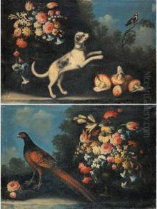Fagiano E Fiori In Un Paesaggio; Cagnolino, Funghi E Fiori In Un Paesaggio by Giuseppe Pesci