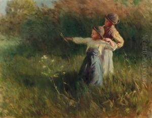 Zwei Buben Mit Steinschleuder Auf Der Sommerwiese by Geza Peske