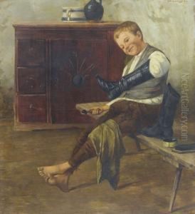 Interieur Mit Knabe Beim Schuhe Putzen by Geza Peske
