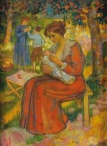 Femme De L'artiste Et Ses Enfants Dans Le Verger