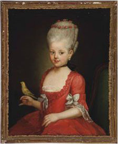 Portrait Of A Girl Wearing A Red Dress Holding A Yellow Canary - view 1