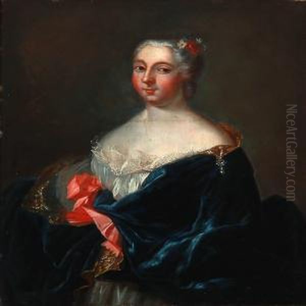 Portrait Of A Noble Woman In A White Dress With Blue Velvet Robe - view 1