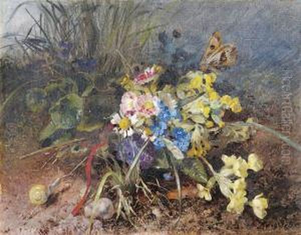 Stilleben Am Feldrand Mit Bunten Blumen, Schnecken Und Schmetterling - view 1