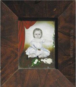A Miniature Portrait Of A Little Girl With Strawberries, Roses, Bird Cage And Doll