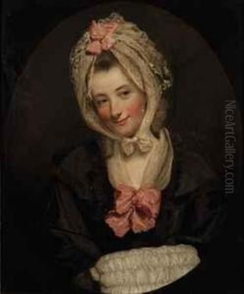 Portrait Of A Lady, Bust-length, In A Black Dress, With Lace Muffand Headdress, Decorated With Pink Bows, Feigned Oval - view 1