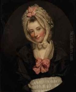 Portrait Of A Lady, Bust-length, In A Black Dress, With Lace Muffand Headdress, Decorated With Pink Bows, Feigned Oval