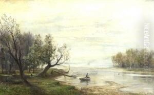 Flusslandschaft Mit Fischer.