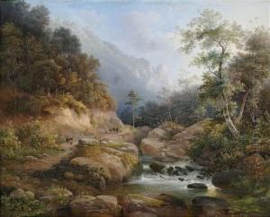 Mountainous River Landscape With Staffage Figures by Pieter Francis Peters