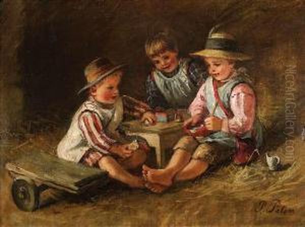 Threechildren Playing At A Small Table - view 1