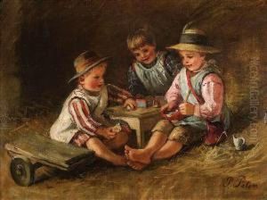 Threechildren Playing At A Small Table by Pietronella Peters