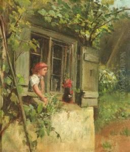 A Young Girl With A Red Headscarf At A Window by Pietronella Peters
