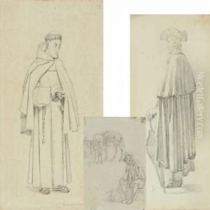 Elderly Man With Umbrella, Southern Peasants With Donkeys And "franciscano Da Ara L'oeli" by Edvard Frederik Petersen