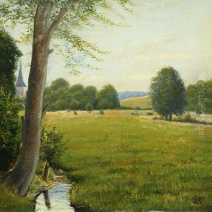 Landscape With Stream And Church Spire by Edvard Frederik Petersen