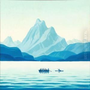 View From Greenland With Inuits In Boats by Emanuel A. Petersen