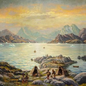 Summer Day In Greenland With Women Preparing Food Over Open Fire Near The Bay