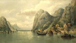 A Fjord Scene With A Dinghy Coming Ashore And Cabins In The Foreground