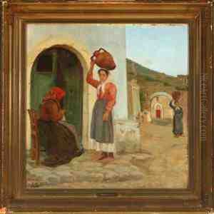Italian Village Scenery With Women Fetching Water By The Well by Sophie Petersen