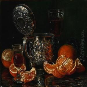 Still Life With Wine Glasses, Oranges And A Silver Cup by Sophus Petersen