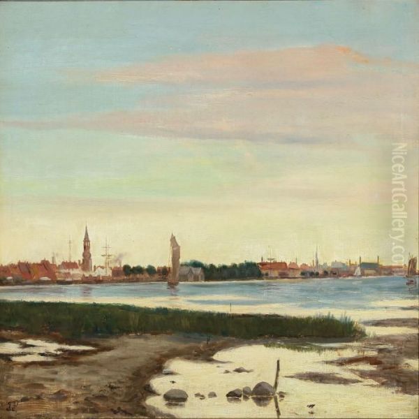 Coastal Scenery From A Danish Town With Ships In The Strait - view 1